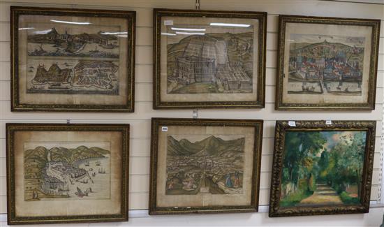 A set of five coloured engravings, from Civitates Orbis Terrarum by Braun and Hogenberg overall 18 x 22in.